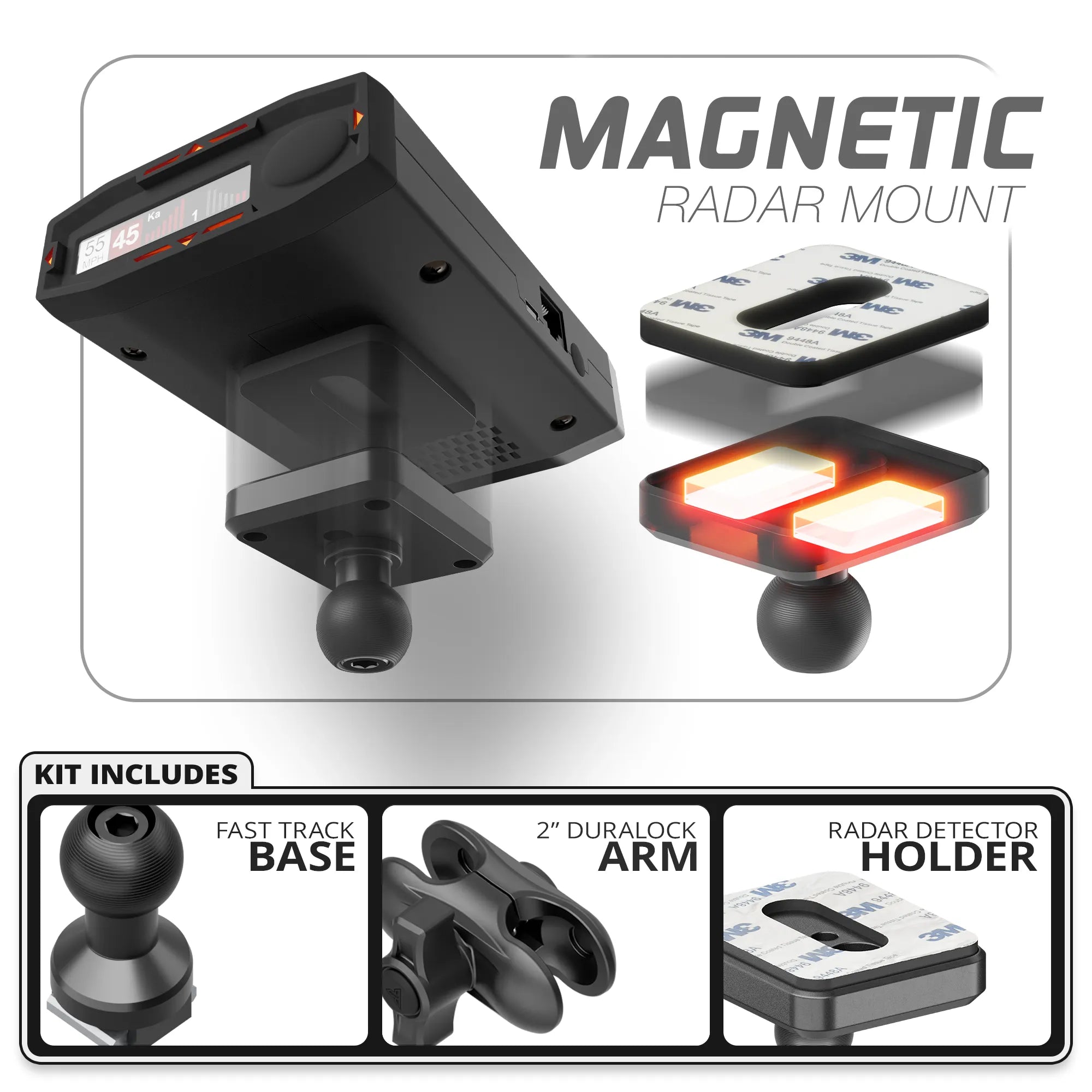 Magnetic Radar Detector Mount | TRAXX™ - Fast Track Base | 2" DuraLock Arm