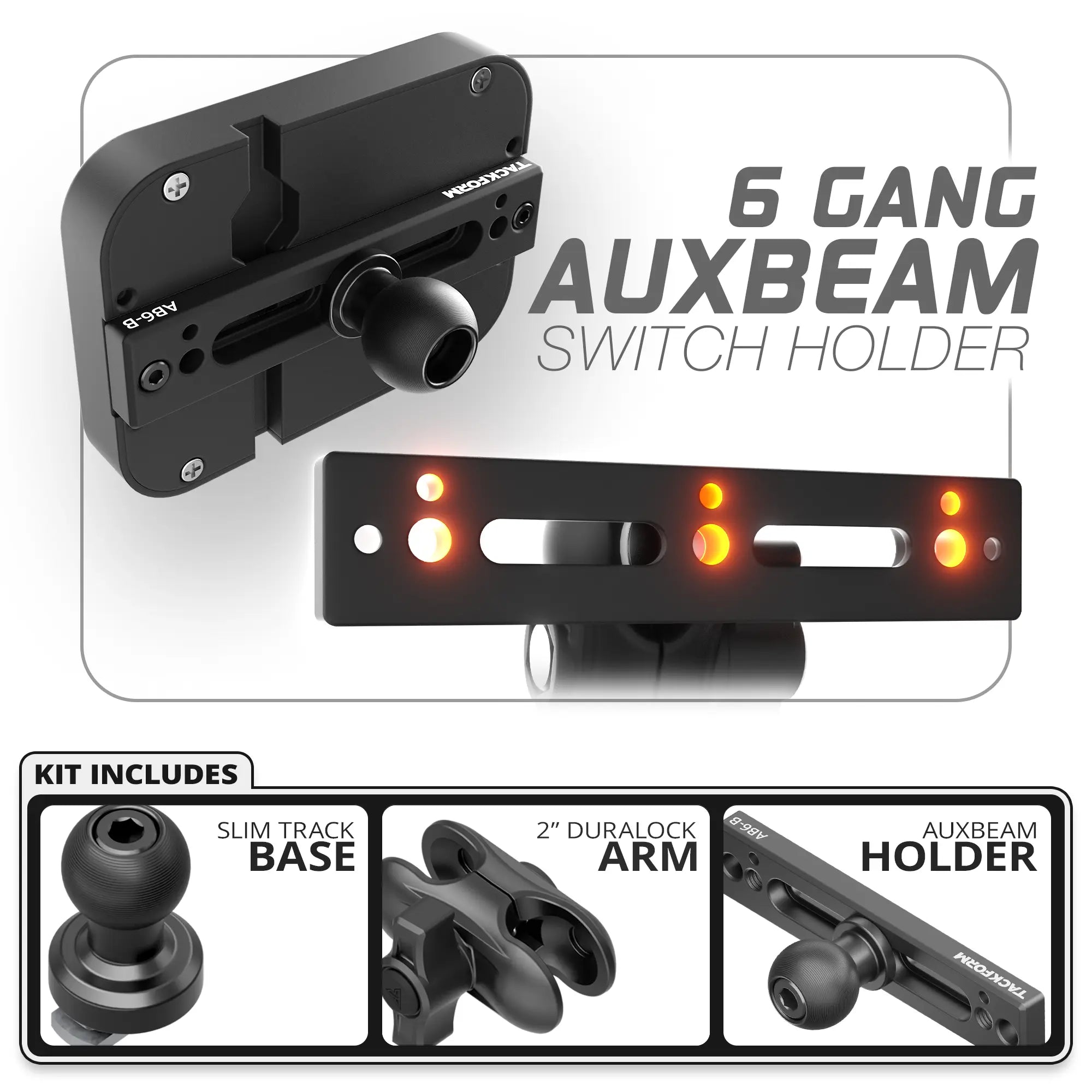 6 Gang Auxbeam Holder | Slim Track Base | 2" DuraLock Arm