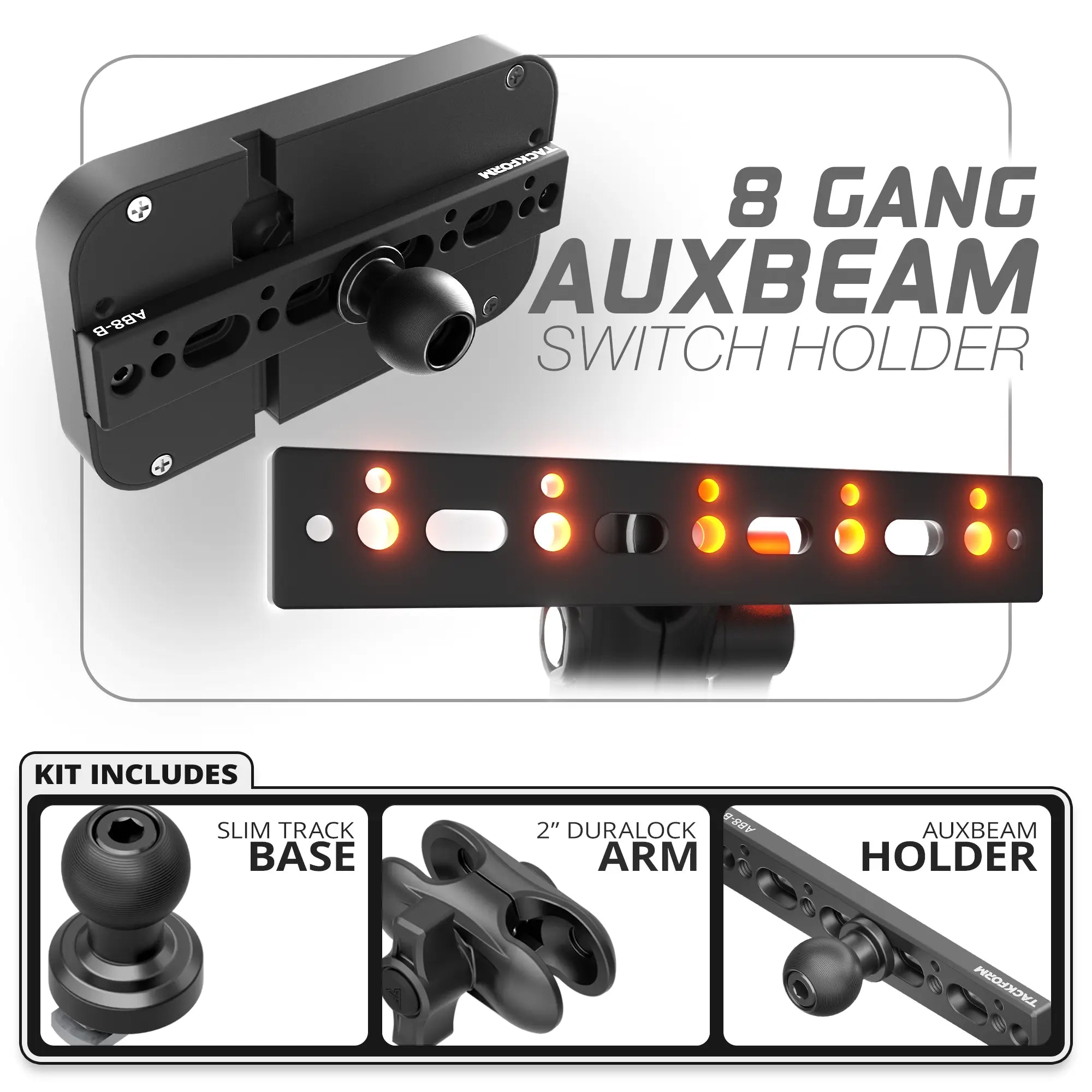 8 Gang Auxbeam Holder | Slim Track Base | 2" DuraLock Arm