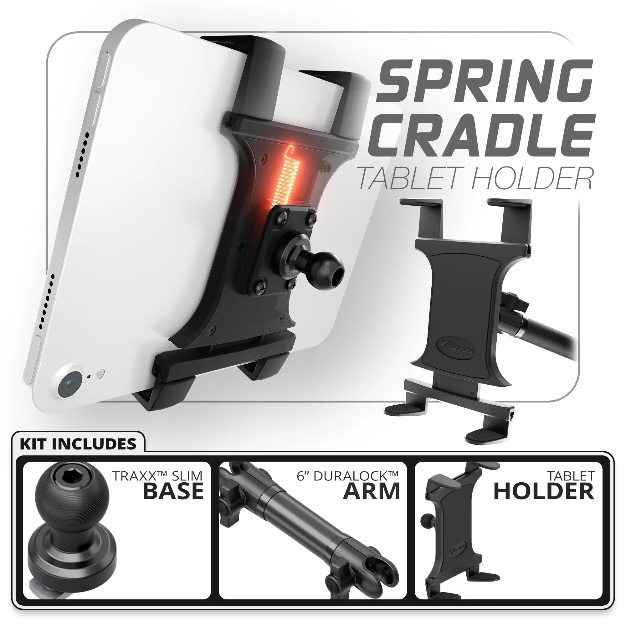 Tablet Spring Cradle | TRAXX™ - Slim Track Base | 6" DuraLock Arm